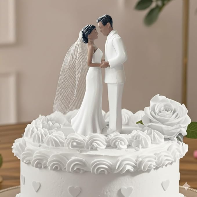 Wedding Cake Topper Bride and Groom Figurine with Veil, Classic Couple Cake Decoration for Wedding, Engagement, Bridal Shower Party(White)