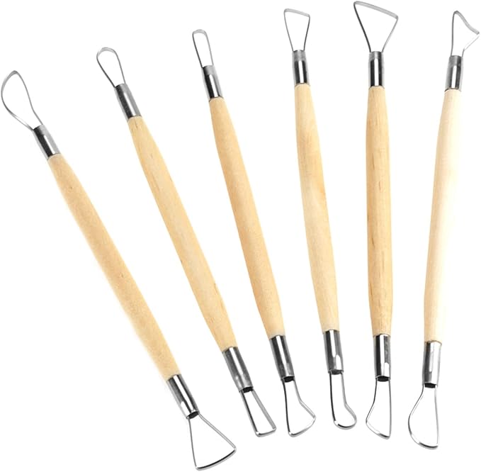 Culnflun Double Sided Clay Sculpting Tools, 6Pcs Wooden Handle Ribbon Clay Modeling Tools Ceramic Pottery Ribbon Sculpting Shaping Craft Kit for Fondant, Cake, Ceramic, Dough
