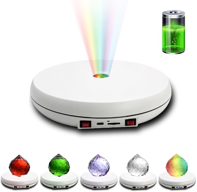 JAYEGT Multicolor LED Light Motorized Rotating Display Stand , 10 inch /55lbs Load, 360° Electronic Photography Turntable for Product Shows, Jewelry, Crystal Art (White / 5 Colors Light / Rechargeable)