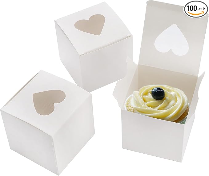 100 Pack White Individual Cupcake Containers with Heart Shaped Window, 3 Inch Small Single Bakery Box Cardboard Holder for Mini Cake Cookie Dessert, Packaging Togo Box for Birthday Party Favor
