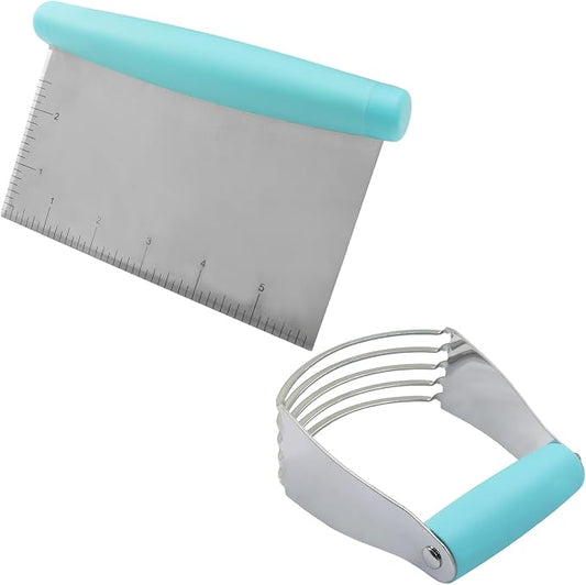 Stainless Steel Bench Scraper and Pastry Blender Cutter Set,Multipurpose Kitchen Baking Essential Tool with Comfortable Grip Handle for Baking/Nut Pie Dough Processing(Turquoise)