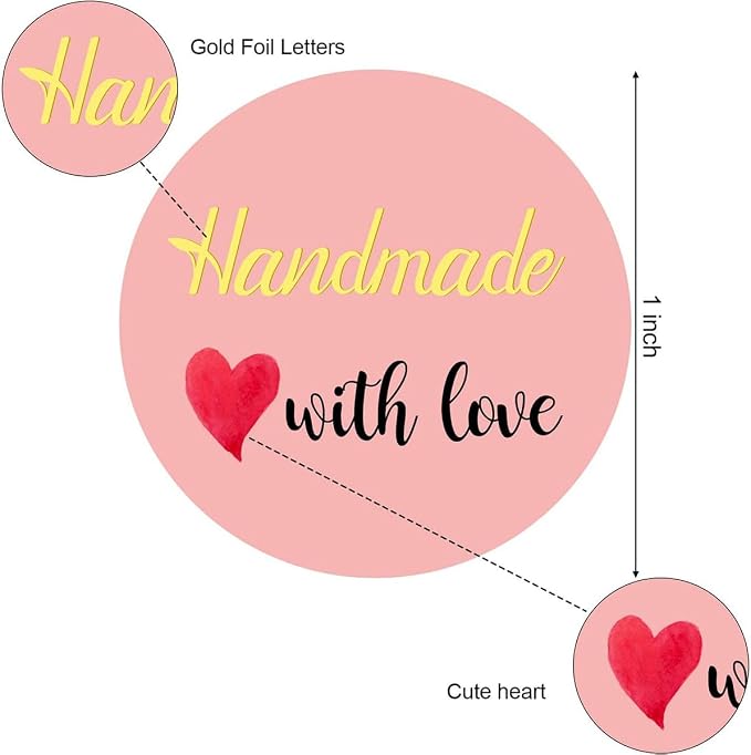 1 Inch Handmade with Love Stickers 500Pcs Baking Paper Stickers Love Heart Design Labels for Baking Packaging Stickers Decals Envelope Seals Stickers Tags for Wedding Party Gift Box Decor Supplies