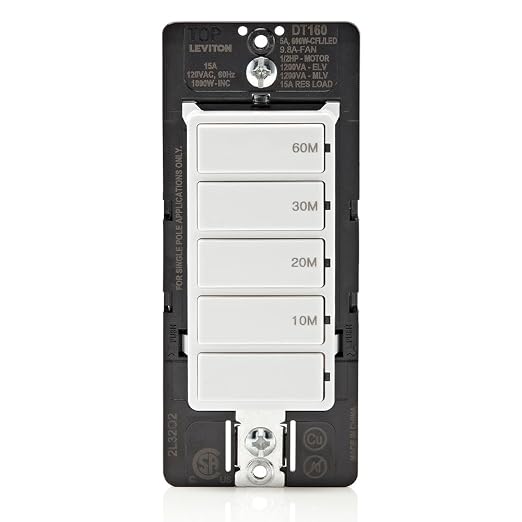 Leviton Countdown Timer Switch for bathroom fan and household lights, 10-20-30-60 min, No Neutral Required, Single Pole, 15A, 1/2HP/9.8A Fan/Motor, DT160-1LW, White
