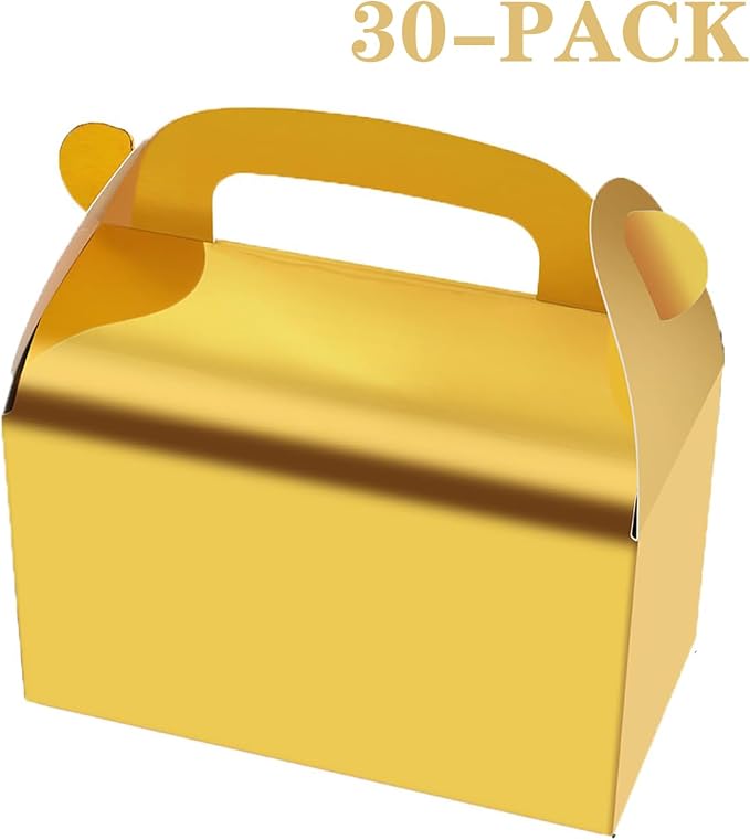 30Pcs Gold Party Favor Treat Boxes Goodie Paper Gable Gift Box | Candy Boxes with Handles Perfect for Wedding, Birthday, Graduation, Babyshower.