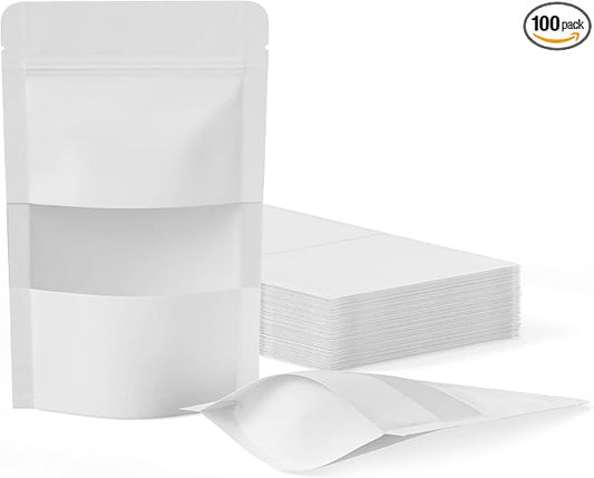 FireKylin 100 Pcs Resealable Bags, Paper Stand Up Pouches Bags with Matte Window for Small Businness, Zipper & Heat Sealable Treat Bags for Packaging(Inner Size 2.9" x 3"; Outer Size 3.5" x 5.5")