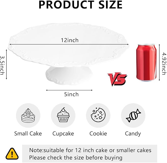 12 Inch Cake Stand for 10 Inch Cakes, Porcelain Wedding Cake Stand for Party, Round Dessert Cake Display Stand Plate - Elegant White Cake Pedestal Stand for Birthday, Baby Shower, Christmas, and Party Display (12 Inch)