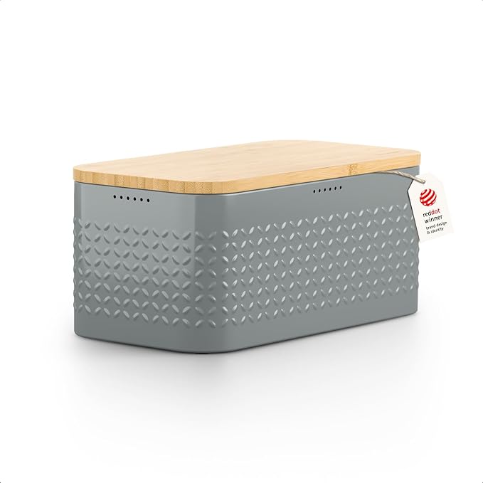 LARS NYSØM Bread Box I Metal bread box for long lasting freshness with non-slip pads I Baked goods Bin with bamboo lid usable as cutting board I 13.6x7.3x6.2in (Ash Gray)