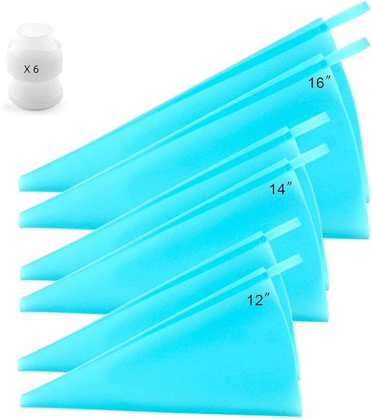 Joyeee Reusable Piping Bags and Couplers Set, 6 Pack Anti Burst Frosting Silicone Piping Bags Baking Supplies Cake Cupcake Decorating Tools Kit, 6 Couplers for Piping Bags, 3 Size 12” 14” 16”