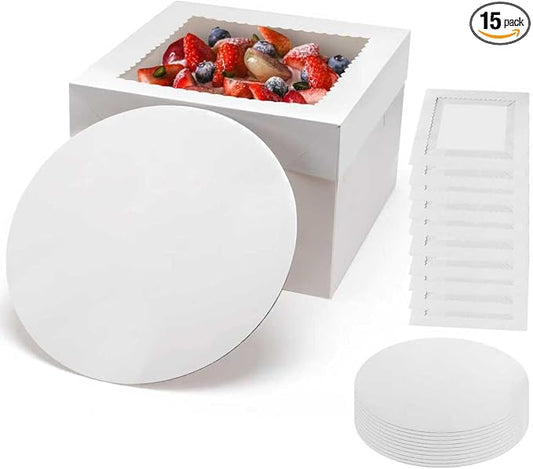 15Pcs 12x12x8 Inch Tall Cake Boxes with Clear Window & Cake Boards - Sturdy White Bakery Boxes with Scalloped Edge for Layer, Wedding, Birthday Cakes - Secure Transport for Professional & Home Bakers