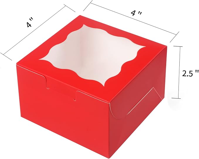 KPOSIYA 60 Pcs Red Bakery Boxes with Window Individual Cupcake Boxes 4x4x2.5 Inches Cookie Boxes Kraft Paper Red Gift Box for Pastries, Cookies, Pie, Donuts, Macaroon