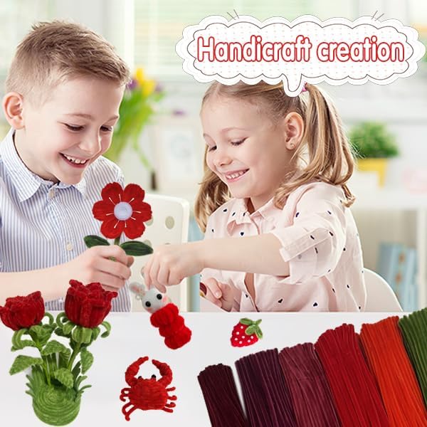 AHAMETON 620Pcs Pulm Red Pipe Cleaner Flower Kit, 6 Colors Bulk Pipe Cleaners Craft Supplies with Wires, Stamens, Ribbon, Tape, Card, DIY Flower Making for Gifts Home Decoration, Party & School Crafts
