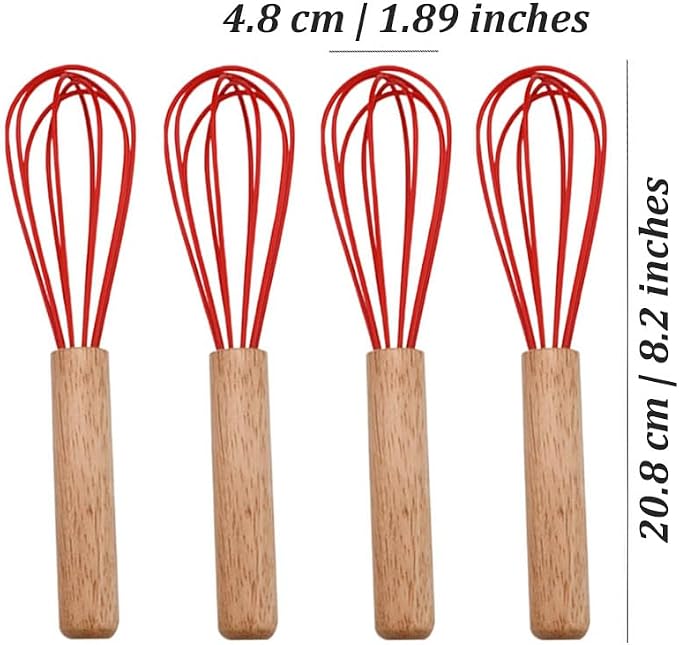 Silicone Whisk (16 Pack), 8-Inch Wooden Handle Balloon Whisk for Non-stick Cookware, Heat-Resistant Non-Scratch Manual Kitchen Egg Beater for Blending, Whisking, Beating, Frothing and Stirring