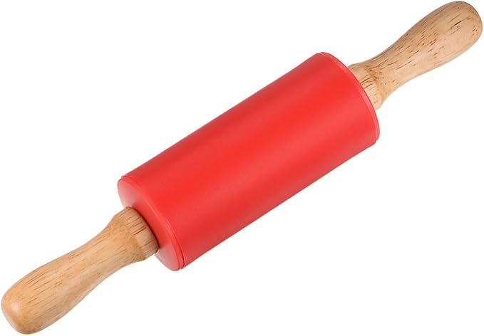 HARFINGTON Silicone Rolling Pins for Baking 9 Inch Wooden Handle Non Stick Rolling Pin Small Roller Playdough Rolling Pins for Dough Pizza Pastry Fondant Kitchen, Red
