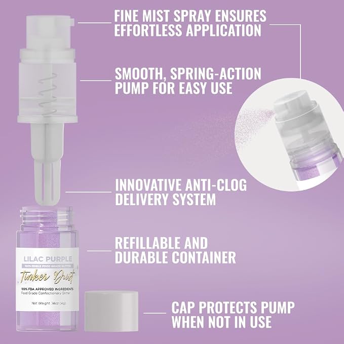 Bakell - Lilac Purple Tinker Dust (4g, 1x Mini Spray Pump) Edible Glitter for Food, Desserts, and Baked goods!