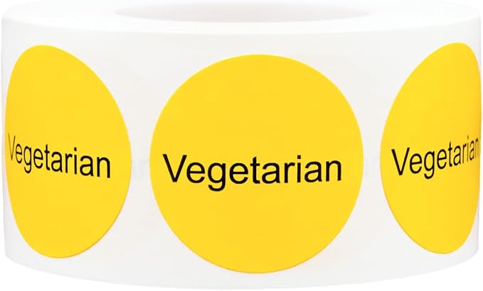Yellow Vegetarian Deli Labels, 1 Inch Round Circle Adhesive Stickers, 500 Food Identification Labels Per Roll for Delis, Grocery Stores, Food Prep, and Kitchen Organization – Made in the USA