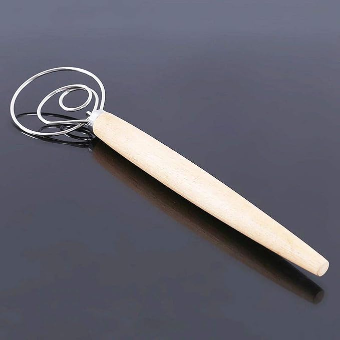 Danish Dough Whisk Bread Making Tools Stainless Steel Danish Dough Hook Bread Dough Mixer Hand Bread Dough Whisk for Pastry, Baking Cake, Dessert, Sourdough, Pizza, with Wooden Handle, 13 inch