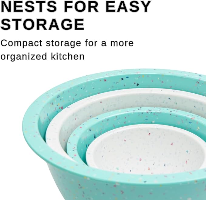 bzyoo Confetti Nesting Mixing Bowls Set - 4-Piece Colorful Kitchen Bowls (18oz, 1.25QT, 2.5QT, 4QT) - BPA-Free, Dishwasher Safe, Space-Saving Design Eggshell Color