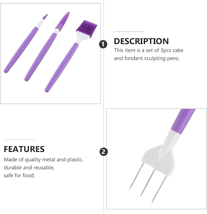 FRCOLOR 3pcs Cake Engraving Pen and Sugar Stir Needle Set, Purple Fondant Modeling Tools for DIY Cake and Cookie Decoration, Home Baking Sculpting Kit