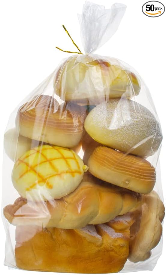 50 Pcs Bread Bags with Ties - 8x18 Inch with 4" Side Gusset Clear Plastic Bakery Bags for Homemade Sourdough, Artisan Loaves, Crusty Bread Storage