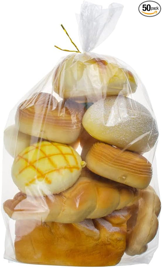 50 Pcs Bread Bags with Ties - 8x18 Inch with 4" Side Gusset Clear Plastic Bakery Bags for Homemade Sourdough, Artisan Loaves, Crusty Bread Storage