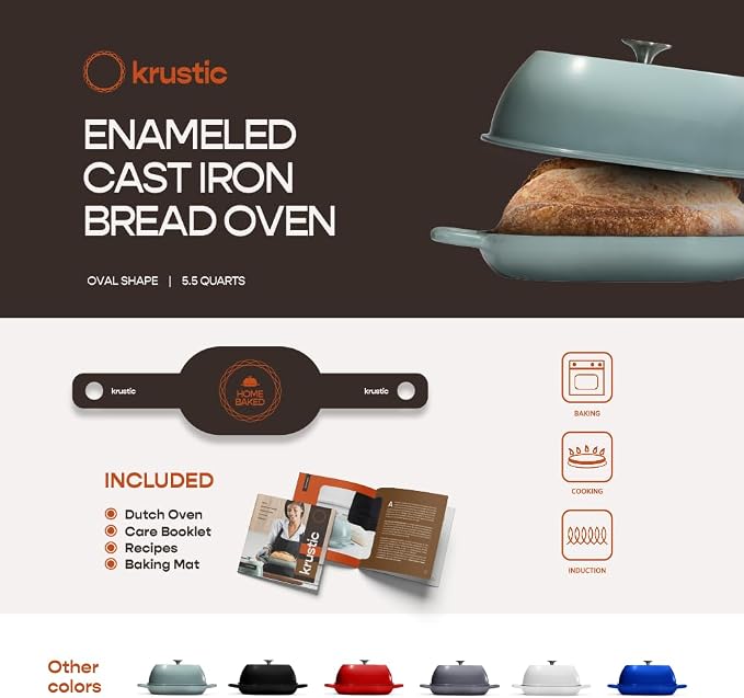 Krustic Enameled Cast Iron Dutch Oven for Professional Sourdough Bread Baking | 5.5 Quart Loaf Size Oval Cookware Pot with Lid | Triple-Layer Enamel Coating Pan with Non Stick Silicone Mat | Sea Salt