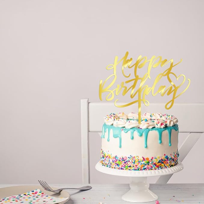 Happy Birthday Cake Topper, Gold Mirror Acrylic Cake Decorations | Cake Sign Decorations, For Boy Girl Children or Adults, Birthday Party Decoration Ideas, Anniversary/Birthday Party Supplies