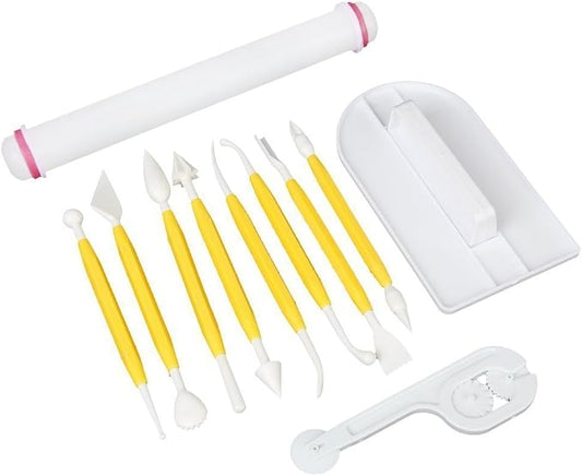 HOSL Fondant Cake Decorating Tools Set 11pcs Fondant Cutters Roller Fondant Smoother & Rolling Pin Flower Fondant Molds Cake Decorating Supplies Kit for Beginners Cake Sculpting & Modeling Tools