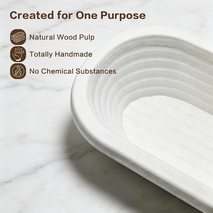 Wood Pulp Oval 1kg Groove Banneton Bread Proofing Basket, Sourdough Proofing Basket, Non-Stick Batard Brotform Sourdough Bread Baking Supplies, 2 Pack