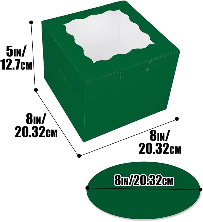 Bakepacker Deep Green 8x8x5 Inches 36pcs Cake Boxes with Window 18-Packs Deep Green 8 Inch Bakery Boxes (18 Cake Boxes +18 Cake Boards Included)