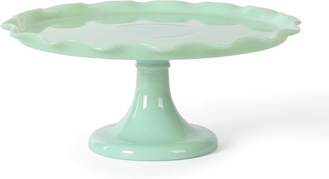 Martha Stewart Highbrook 11" Jadeite Glass Cake Stand – Handmade Vintage-Style Dessert Stand with Ruffle Trim, Decorative Pedestal Cake Plate for Display & Serving