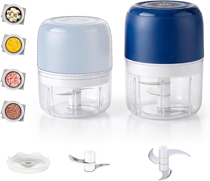 Electric Garlic Chopper Set, Household Electric Garlic Crusher Rechargeable Wireless Portable Mini Food Chopper for Garlic Ginger Nuts Meat (blue set)