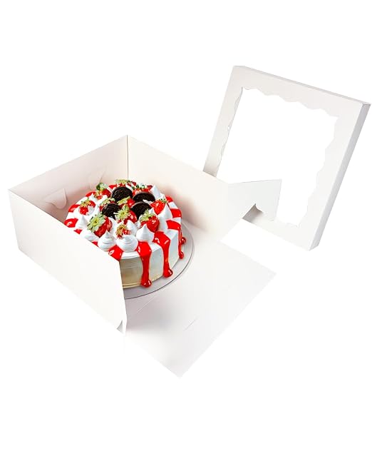 qiqee 12x12x6 Cake Box, 18 Sets White Cake Box with Window ＆ 18 Sets 12" White Cake Round Boards, 12inch Cake Containers, 10 Meters Gold Silk Ribbon