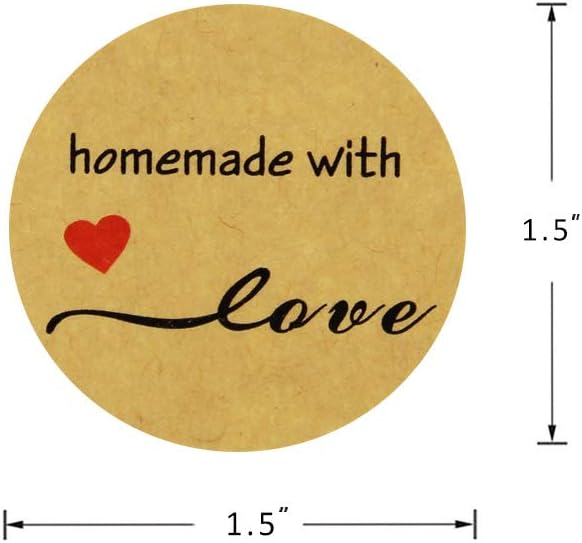 Hcode 500 Natural Kraft Paper Round Homemade with Love Stickers with Red Heart 1.5 Inch Adhesive Label (1 roll, Homemade with Love)
