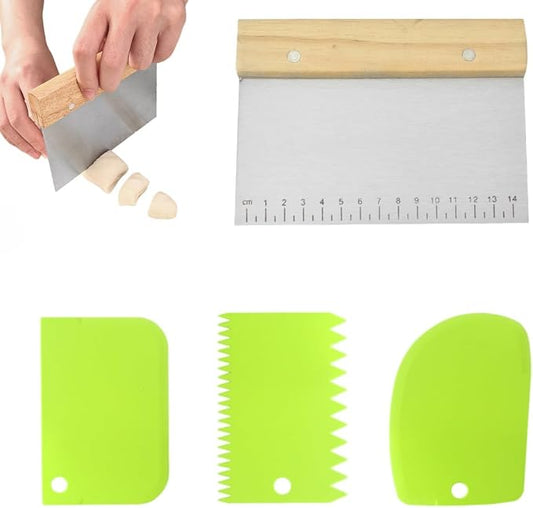4 PCS Bench Scraper, Scraper Food Tool,Dough Scraper and Pastry Cutter With Scale,Food Chopper Baking Supplies Kitchen Gadgets (Brown)