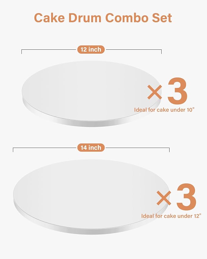 Kootek Cake Boards 12 & 14 Inch Round, 1/2 Inch Thick Cake Drum, Sturdy Corrugated Cardboard Base, Base para Pastel, White, 6 Pack