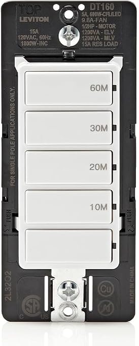 Leviton Countdown Timer Switch for Bathroom Fan and Household Lights,10-20-30-60 min,No Neutral Required,Single Pole,15A,1/2HP/9.8A Fan/Motor,DT160-1LW,White,(Pack of 10)