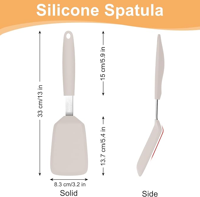 Beijiyi Silicone Spatula Turner, 600°F Heat Resistant, 13 x 3.2 in (Khaki) | BPA Free, Non-Toxic, Flexible Turner, Non Scratch for Non Stick Frying Pan, Flipping, Cooking, Dishwasher Safe