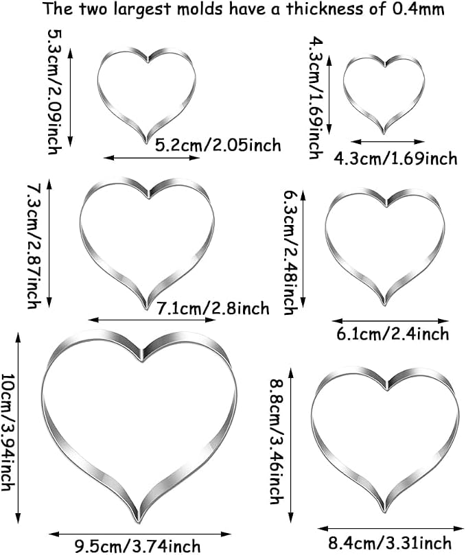 MrCookie Heart Cookie Cutters Set, 6pc Stainless Steel | 1.69" to 3.74", Sturdy