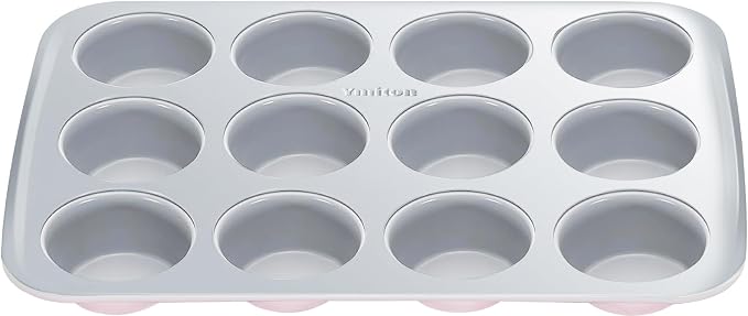 Nonstick Ceramic 12 Cup Muffin Pan, Cupcake Pan for Baking, Non-Toxic Muffin tin, Ceramic Coating, PTFE & PFOA Free, Oven Safe 550°F, Aluminized Steel (Pink)