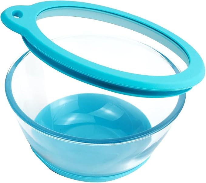 MR. CHOU Glass Cereal Bowl with Lid - Non-Slip Silicone Base for Stability - Ideal for Cereal, Salads, and Snacks - Elegant Design, Microwave & Dishwasher Safe, 1.1QT, Blue