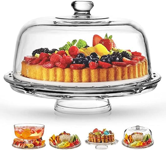 Royalty Art Glass Cake Stand with Dome – 6-in-1 Convertible Cake Plate, Punch Bowl & Chip and Dip Server, Pedestal Dessert Display – Italian Made Glass – Dishwasher Safe