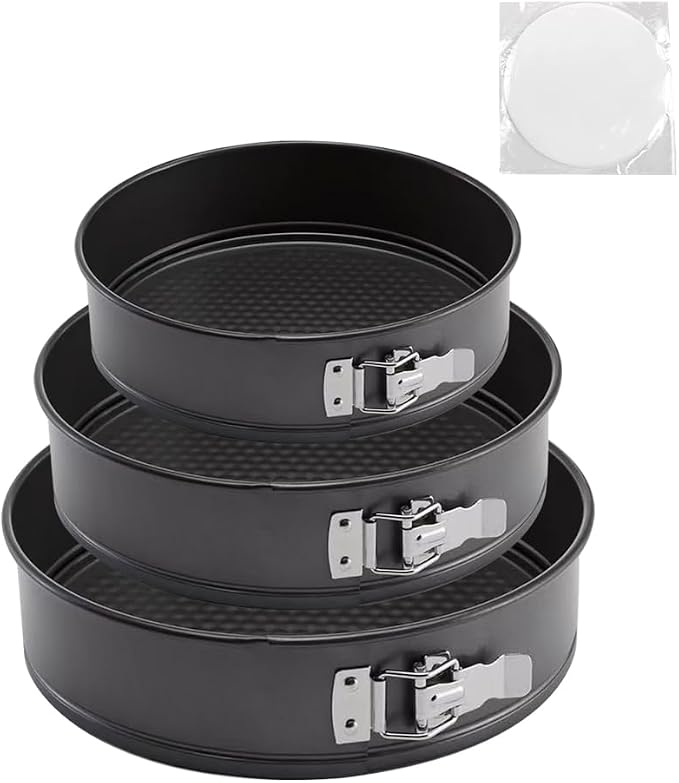 Springform Cake Pan, Cake Pan with 3 Different Size (9.5,10.2,11inch), Cake Molds for Baking with Removable Bottom, Non-Stick Bakeware for Effortless Baking（with 50 Pcs Parchment Paper Liners）