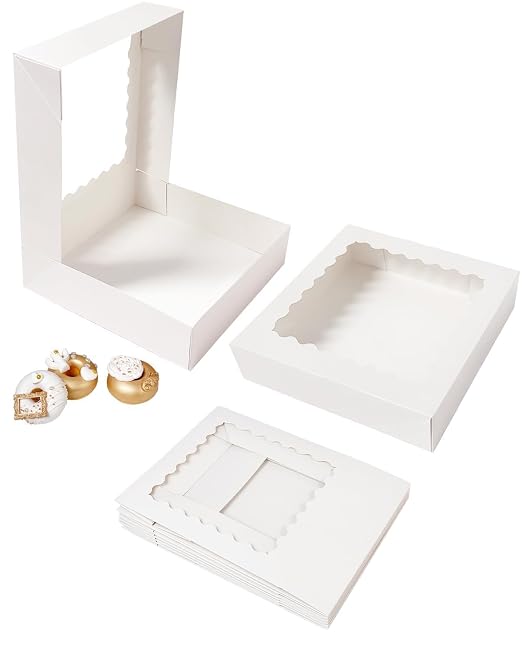 Bakepacker 55pcs White Pie Boxes 8x8x2.5 inches Easy Assemble Macaroon Bakery Boxes Cookie Boxes with Window for Bakery (Auto-pop Up)
