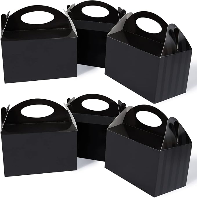 Happyhiram Black 25 CT 6 Inch Candy Boxes Party Favors Stripes Paper Cookie Gift Bags with Handles Gable Boxes Goodie Snack Bags for Graduation Birthday Party