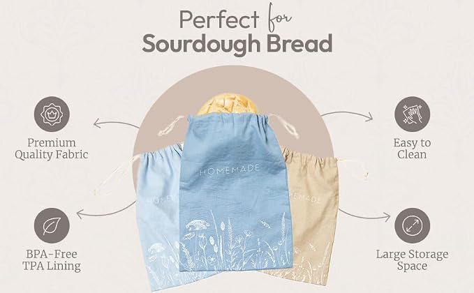 Reusable Bread Bags with Drawstring | XL Pack of 3 | Eco-Friendly Washable Linen Bread Bag & Spacious Sourdough Bread Storage | Bread Bags Reusable Keeps Your Loaf Fresh | Flower Design