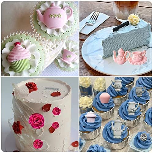Mujiang Teapot Silicone Mold Tea Cup Fondant Mold Ice Cream Candy Molds Rose Flower Chocolate Mold For Tea Party Cake Decorating Cupcake Topper Polymer Clay Gum Paste Set Of 4