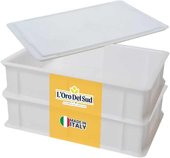 L'Oro Del Sud Home Refrigerator Size, Dough Proofing Tray (2 Pack + 1 Lid) | White Stackable, Commercial Grade, Pizza Proofing Dough Pans with Lid (16 inch x 12 inch x 4 inch), Product of Italy