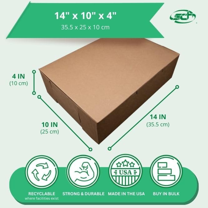 SCT Kraft Bakery Box (100 Pack), 14x10x4, Kraft Bakery Box for Wedding and Birthday Cakes, 14 inch Cake Box, Bakery Pastry and Cake Packaging, Disposable, 1025K