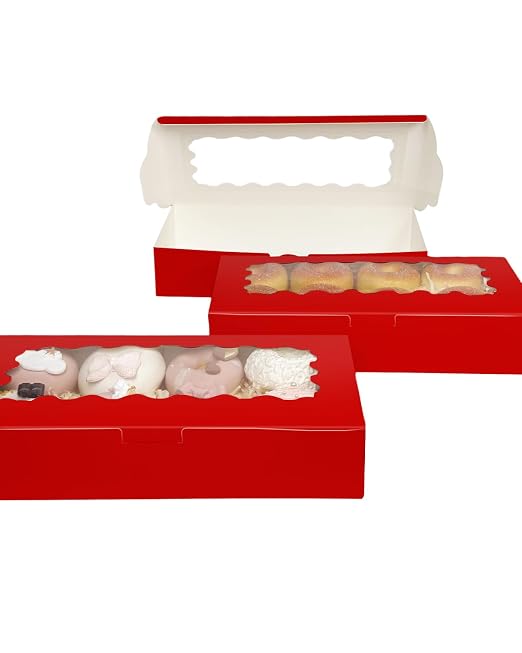 qiqee 50 Packs Red Cookie Box with Window 12x5.5x2.5 Inch Two Uses Pastry Biscuit Bakery Box For Packaging