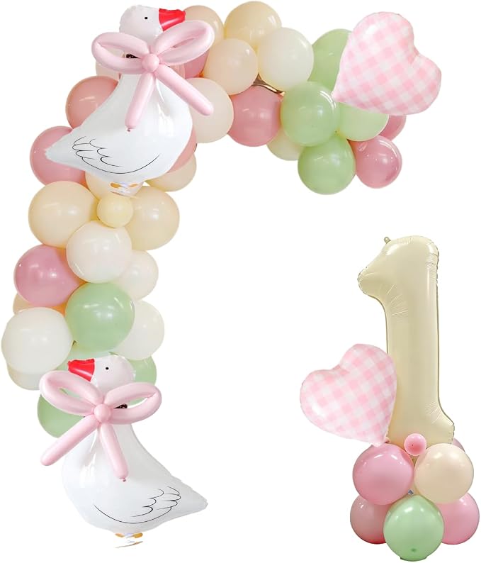 One Silly Goose 1st Birthday Balloon Arch Kit - Light Green, Soft Pink, Cream Macaron Balloon Garland with Goose Foil Balloons and 32" Cream Number 1 for Girls Boys First Birthday Party Decorations
